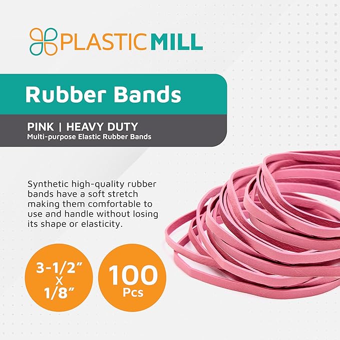 PlasticMill Pink Rubber Bands Size 33 (3 1/2" x 1/8") - #33 Colored Rubber Bands Office Supplies - Strong, Elastic Bands for Crafts, Balloon Garland, Cash, File Folders (100-Pack)
