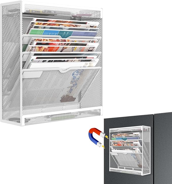 5 Tier Magnetic File Holder, No Drilling Wall File Organizer, Magazine Paper Mail Document Holder/Magnetic Hanging File Organizer for File Cabinets,Whiteboard refrigerator,Office,Classroom (White)
