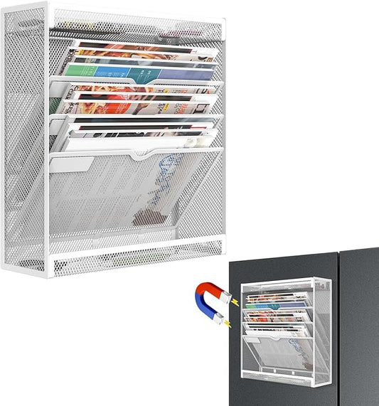 5 Tier Magnetic File Holder, No Drilling Wall File Organizer, Magazine Paper Mail Document Holder/Magnetic Hanging File Organizer for File Cabinets,Whiteboard refrigerator,Office,Classroom (White)