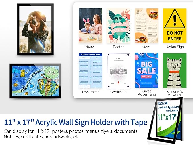 Acrylic Magnetic Sign Holder Wall Mount, Self Adhesive Magnetic Display Frame with Nano Tape and Strong Magnetic Border for Wall, Door, Glass, Home, Store, Office (Black, 11" x 17" / 5 Pack)