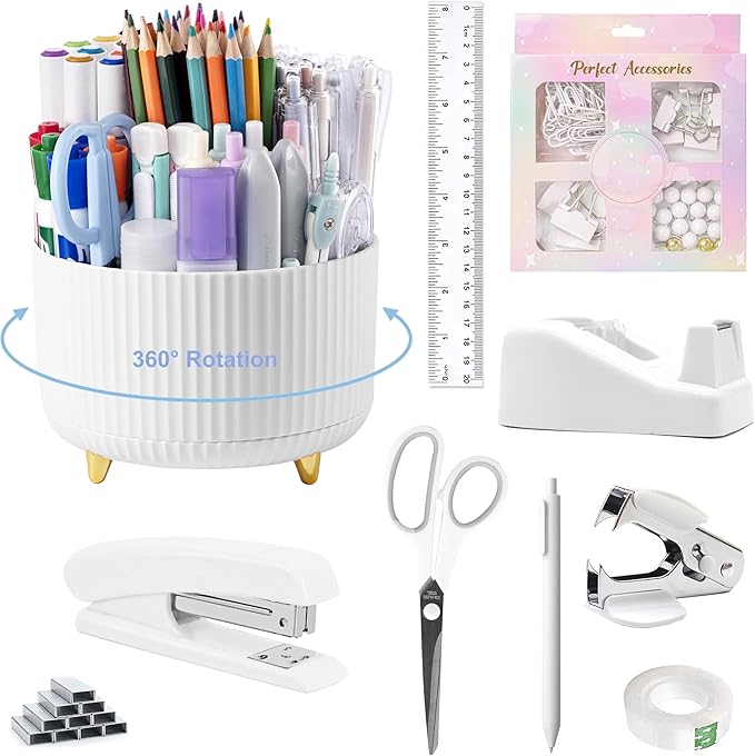 Office Desk Accessories, White Office Supplies 360°Pen Holder Desk Organizers And Accessories with Tape Dispenser, Stapler, Staple Remover, 1000 Staples, Tape, Clips Set, Ruler, Scissor, Pen