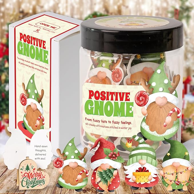 Positive Gnome Jar – 60 Funny Emotional Support Gnome, Christmas Gifts for Teens, Women, Men, Coworkers, Teachers, Sisters, Friends – Christmas Gnome Gifts for Women, Teens, Kids