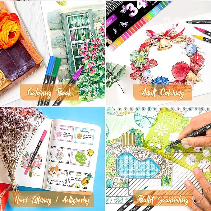 Soucolor Art Brush Markers Pens for Adult Coloring Books, 36 Colors Numbered Dual Tip (Brush and Fine Point) Marker Pen for Kids Note taking Planner Hand Lettering Calligraphy Drawing Journaling