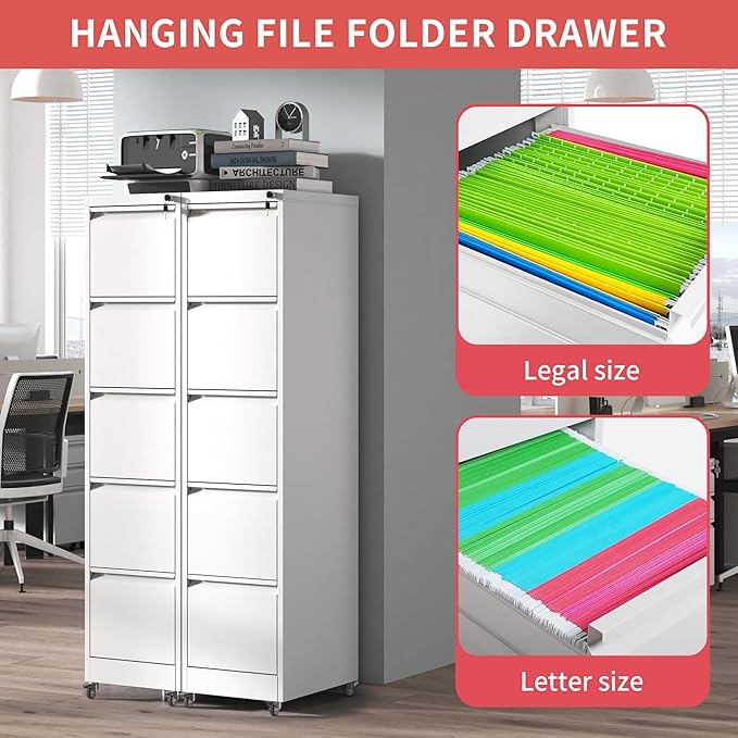 5 Drawer File Cabinet with Wheels,Metal Mobile Filing Cabinets with Lock,Vertical File Cabinet for Home Office,Heavy Duty Storage Cabinet for A4/Letter/Legal Size File,Assembly Required