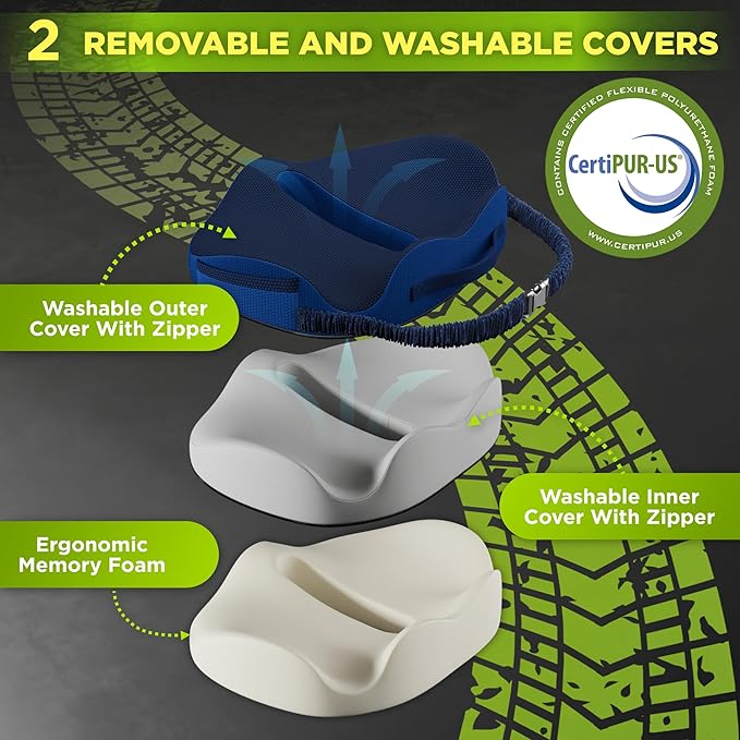 Large Truck Seat Cushion for Truck Driver Seat Cushion - Upgraded Back Support, CertiPUR-US® Certified - Thick Memory Foam, Pain Relief for Hours of Driving, Trucker Approved Big Rig - Navy