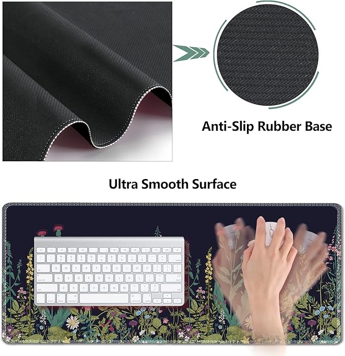 AIMSA Large Gaming Mouse Pad Set, Keyboard Wrist Rest Support + Extended Mouse Pad + Mouse Wrist Cushion + Coaster, Ergonomic Multifunctional Desk Mat 35x15.7in Anti-Slip Rubber Base (Flowers Plants)