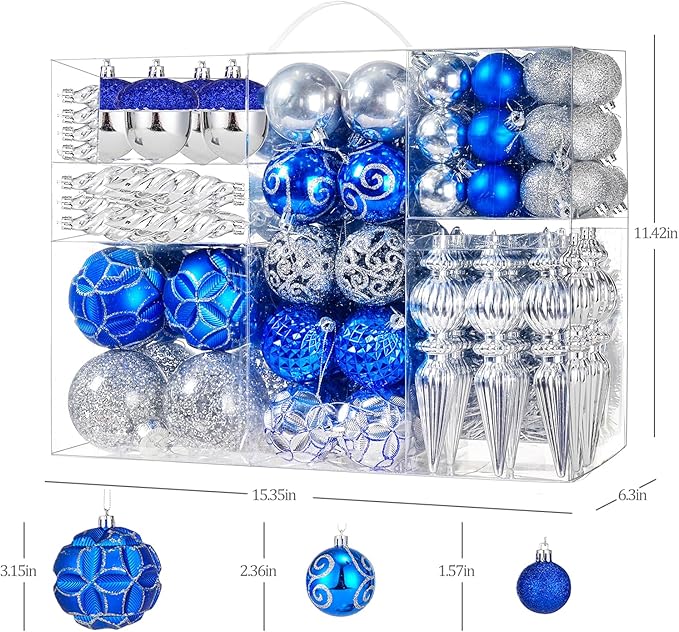 123pcs Christmas Ball Ornaments Set, Shatterproof Plastic Balls for Classic Xmas Decorations, Hanging Ornaments for Christmas Tree, Holiday, Bridal, Home Party, Blue and Silver