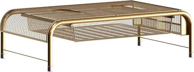 Martha Stewart Ryder Gold Mesh Metal Desktop Monitor Stand Riser with Organizer Drawer and Side Storage, 12.5 x 22.25 x 6.5 inches