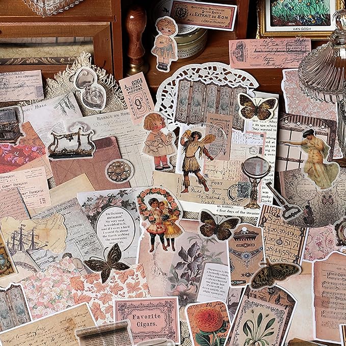 200PCS Vintage Scrapbooking Supplies Pack, Aesthetic Scrapbook Sticker Paper Art Journaling Kit for Bullet Junk Journals,Planner,Cottagecore Decor Gifts (Retro)
