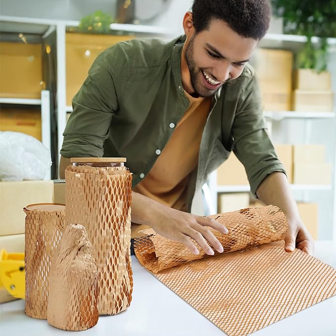 Honeycomb Packing Paper Wrap 12"x60' Recycled Bubble Cushioning Wrap Roll Eco Friendly Shipping Boxes Moving Wrap Packing Supplies Material with 10 Fragile Sticker Labels