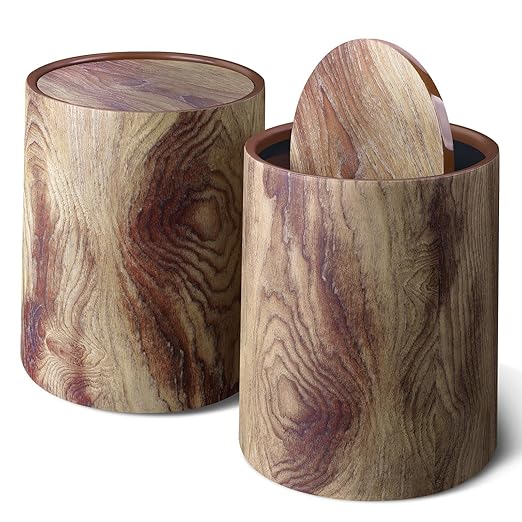 Wood Grain Plastic Trash Can Swing Top Lid, 4Gal/15L Farmhouse Wastebasket Bin Retro Style with Inner Bucket, Bathroom Trash Can Hidden Bag for Room Aesthetic, Round Brown Garbage Can 2pack