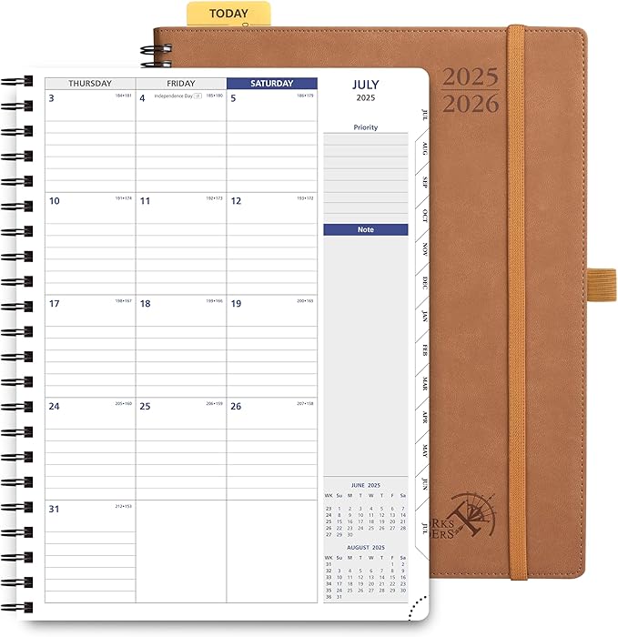 POPRUN 2025-2026 Monthly Planner Spiral Bound, 8.5'' x 11.25'' Academic Calendar (July 2025-July 2026) Appointment Book with Stair Tabs, Leather Cover, 4 Pages per Month with Notes - Brown