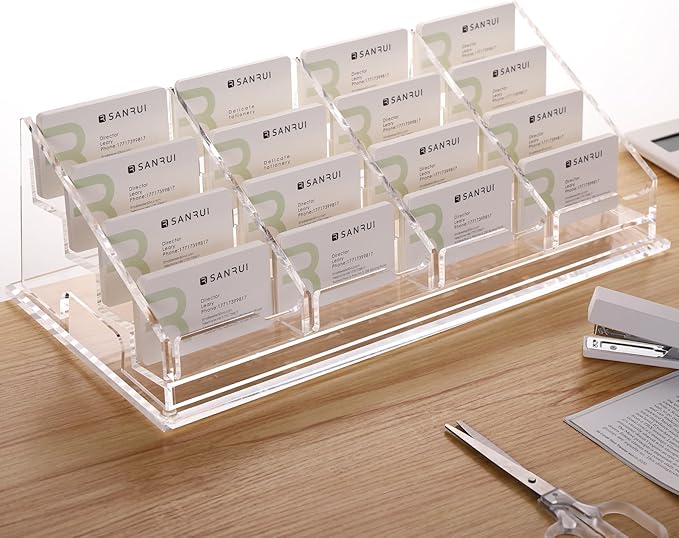 YUXUN 16 Slots Acrylic Business Card Holder for Desk Horizontal 4 Tiers Business Card Stand Clear Multiple Cards Display Stand for Office Supplies Home School