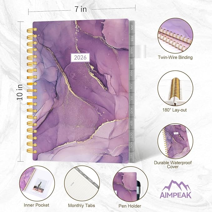 Planner 2026 -Weekly and Monthly Planner, AIMPEAK 2026 Weekly Planner with Tabs, Jan. 2026 - Dec. 2026, Calendar Planner for Women, Pen Loop, Flexible Cover, Spiral Binding, Purple Marble, 10"x7"