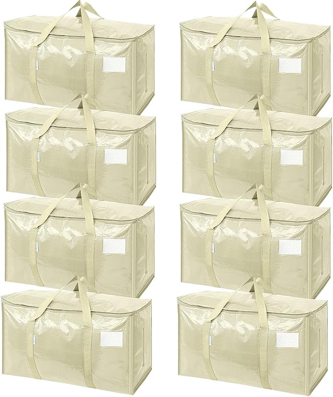 TICONN 8 Pack Extra Large Moving Bags with Zippers & Carrying Handles, Heavy-Duty Storage Tote Moving Boxes for Space Saving (8 Pack, Cream)