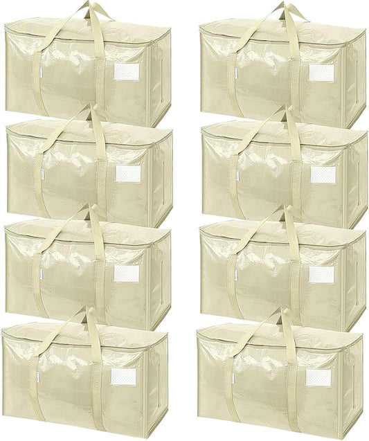 TICONN 8 Pack Extra Large Moving Bags with Zippers & Carrying Handles, Heavy-Duty Storage Tote Moving Boxes for Space Saving (8 Pack, Cream)
