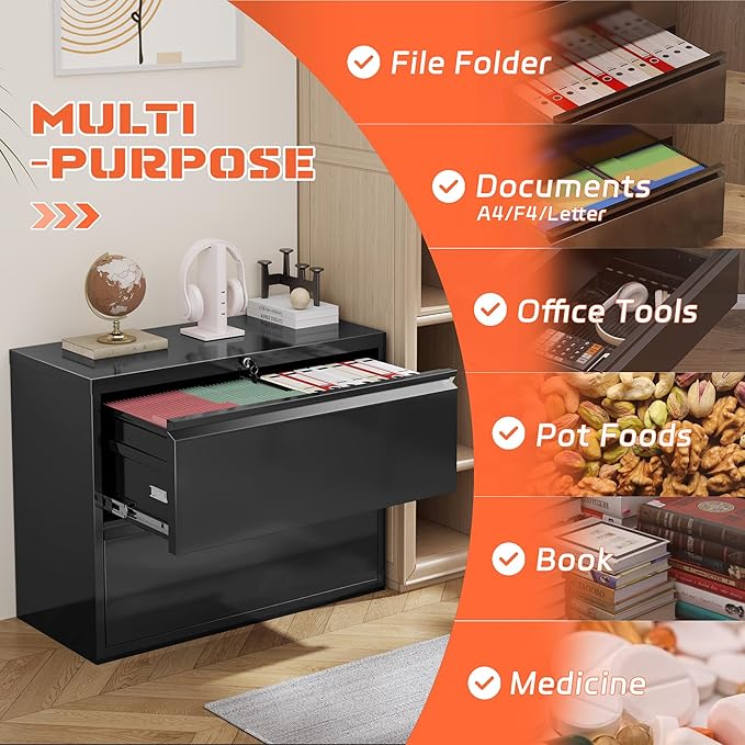 INTERGREAT Lateral File Cabinet 2 Drawer, Black Metal File Cabinets for Home Office, Locking File Cabinet for Letter/Legal/F4/A4 Size Hanging Files, Easy Assembly