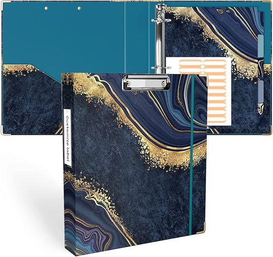 Ospelelf 3 Ring Binder, 1.5 Inch, Letter Size (11" x 8.5") with 5 Tab Dividers, File Folder Labels and Low Profile Clipboards, Blue Marble Binder for School and Office Supplies