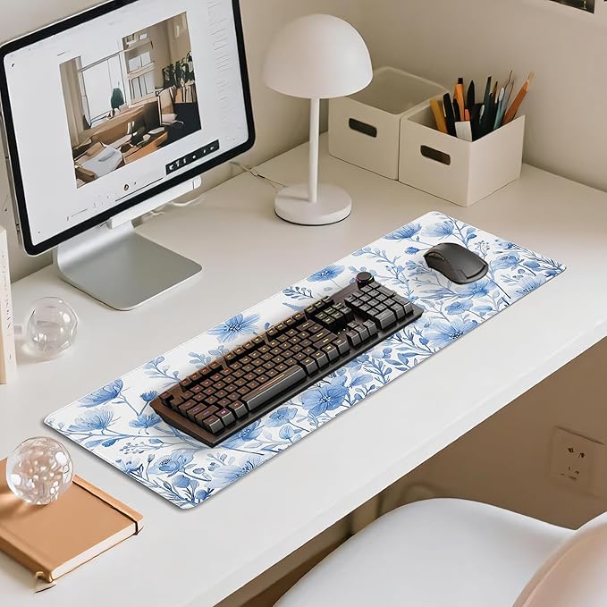 31.5”x11.8”Large Gaming Mouse Pad for Desk, Mouse Mat with Seamed Edges, Waterproof Desk Pad, Non-Slip Rubber Base, Keyboard Pad Computer Mat, Big XL Mousepad- Blue and White Flower