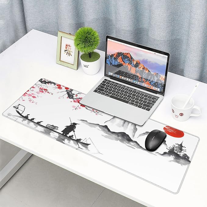 Japan Traditional Painting Extended Big Mouse Pad Large,XL Gaming Mouse Pad Desk Pad,31.5x11.8inch Long Computer Keyboard Mouse Mat Mousepad with 3mm Non-Slip Base for Home Office Work-Boating Sunset