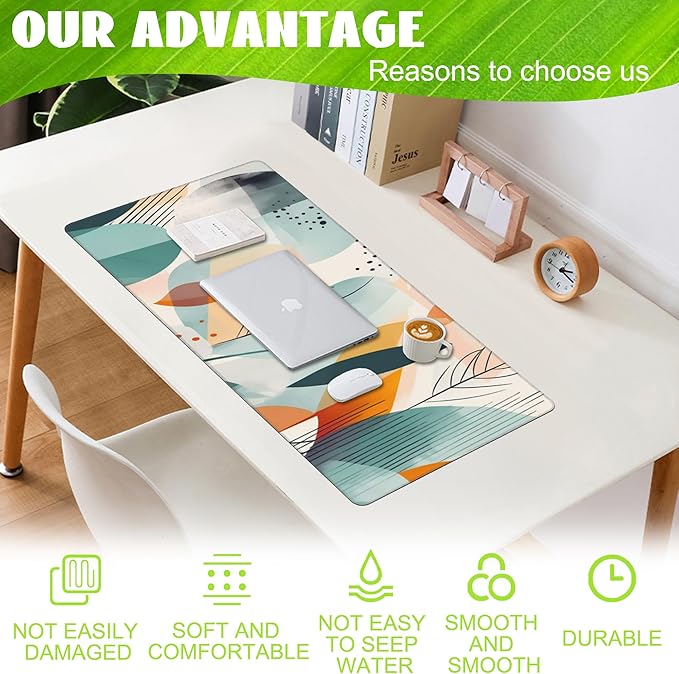 Desk Pad,Abstract Colorful Leaves Desk Mat,Abstract Line Art Large Gaming Mouse Pad for Desk,Extended Big Computer Keyboard Mouse Pad with Non-Slip Base and Stitched Edge,35.4"x15.7"