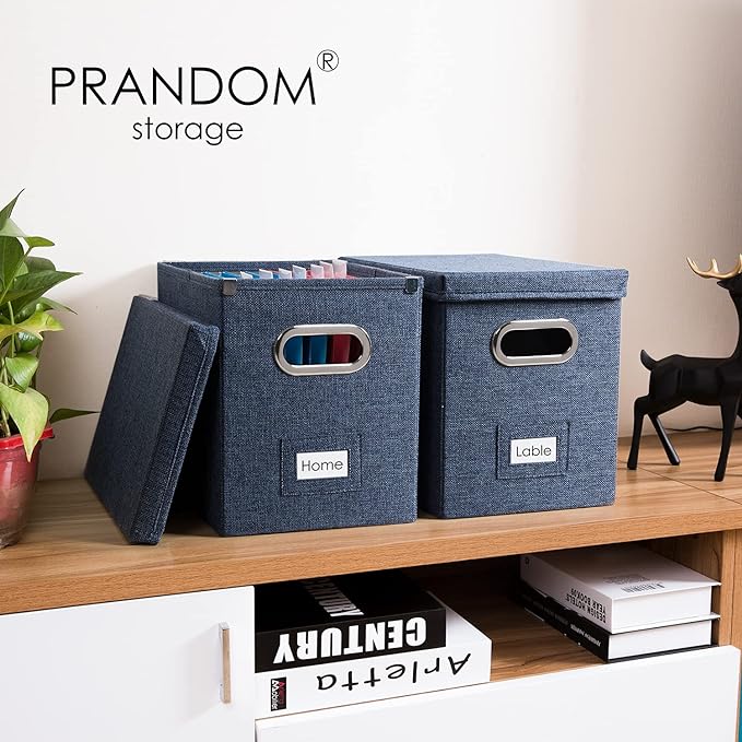 PRANDOM File Organizer Box - Set of 4 Collapsible Decorative Linen Filing Storage Hanging File Folders with Lids Office Cabinet Letter Size Navy Blue (14x9.3x10.8 inch)