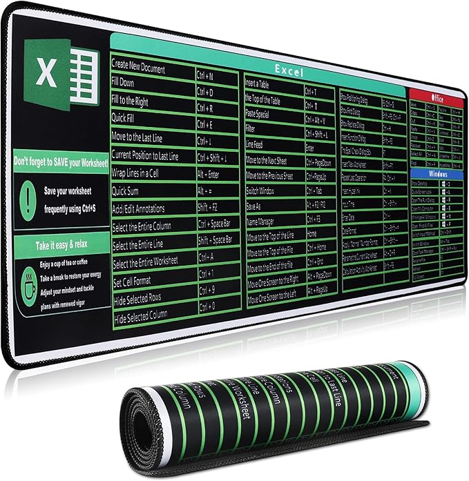 Excel Cheat Sheet Desk Pad,Excel Mouse Pad Shortcuts,Large XXL Mouse pad Gaming|Desk mat for Keyboard and Mouse| Non-Slip Computer mat with excel Shortcuts,PC Office Spreadsheet Keyboard Mat