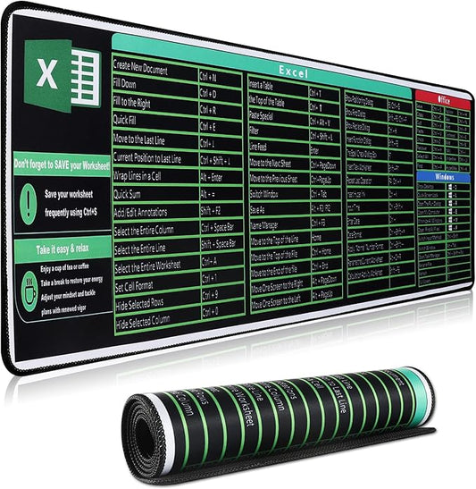 Excel Cheat Sheet Desk Pad,Excel Mouse Pad Shortcuts,Large XXL Mouse pad Gaming|Desk mat for Keyboard and Mouse| Non-Slip Computer mat with excel Shortcuts,PC Office Spreadsheet Keyboard Mat