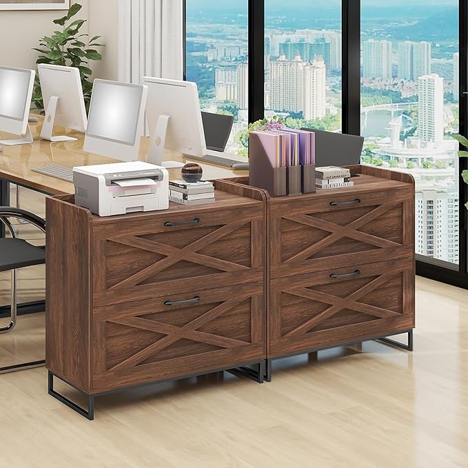 File Cabinet 2 Drawers Lateral File Cabinet with Charging Station for Letter/Legal/A4 Size Hanging Files, Large Wood File Storage Cabinets Printer Stand for Home Office, Dark Walnut