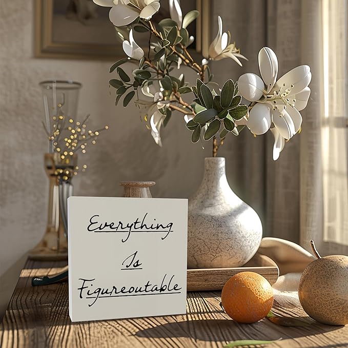 Inspirational Office Decor, Every Thing is Figure Outable Motivational Office Accessories Wooden Box Sign, Positive Gifts for Women, Men Wall Desk Shelf Tabletop Decoration 5x5In