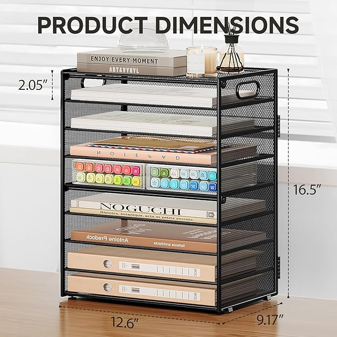SUBEKYU 9 Tier Paper Organizer for Desk - Black Metal Mesh Letter Tray File Paper Sorter Organizer Include 6 Pcs Adjustable Height Slid Tray with Handles for Office School Home Organization Storage