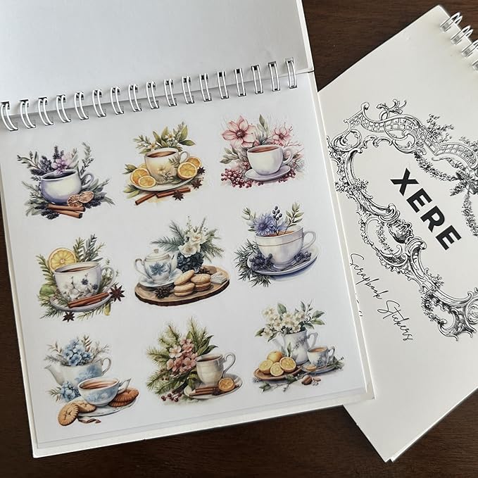 XERE 144 Pcs Tea Sets Four Seasons Sticker Book for Journaling Notebooks, Sketchbook, Bookmark Making, Junk Journal, Budget Planner, Scrapbook Art Supplies Stickers