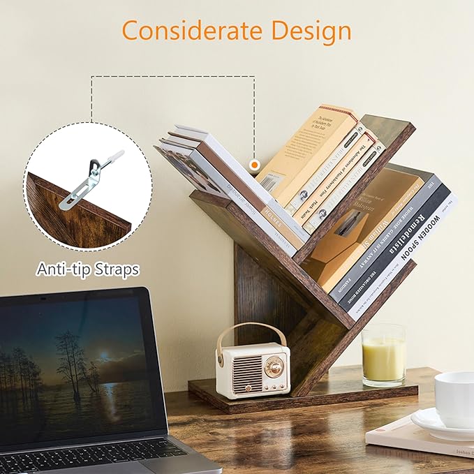 Tajsoon Tree Bookshelf 3 Tier Book Shelves Storage Organizer, Desktop Bookshelf Floor Standing Bookcase Display for Magazine/Books, Small Tree Bookshelf for Bedroom, Living Room Office, Rustic Brown