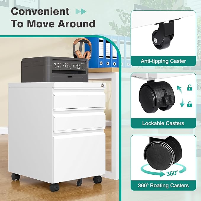 3 Drawer File Cabinet with Wheels,Under Desk File Cabinet with Lock,White Rolling Filing Cabinet,Three Drawer Metal Filing Cabinets for Home Office,Fit A4/Letter/Legal,Fully Assembled Except Casters