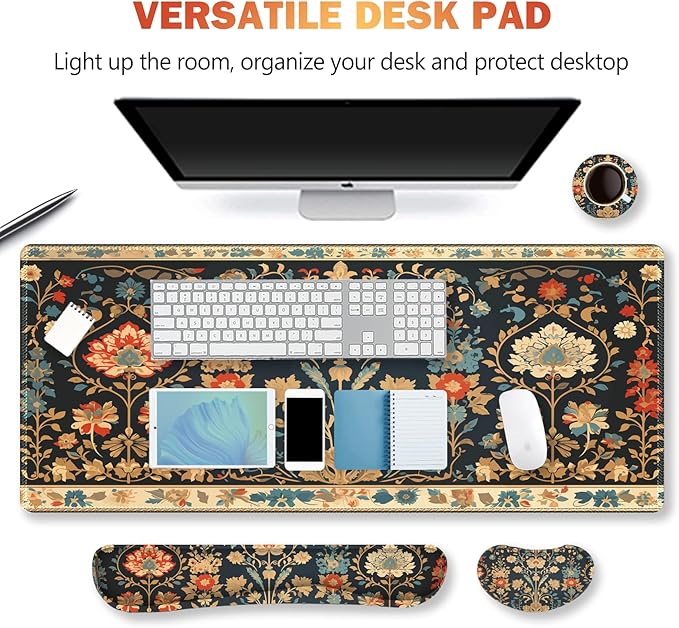 ARTSO Desk Mat Set, Mouse Pad with Wrist Rest Support + Keyboard Wrist Rest + Large Mouse Pad + Coaster, Extended Gaming Mousepad Combo, Retro Flower Plant