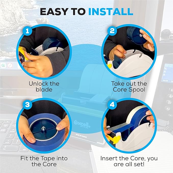 Excell ET-227 Blue/Grey Premium Twin-Roll Steel Desk Top Dispenser: 2 in. Wide (3 in. core) + LuxProdX Sticker