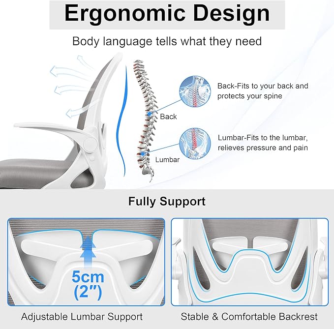 Primy Ergonomic Drafting Chair with Flip-up Armrests Tall Office Chair for Standing Desk Comfortable Desk Chair with Adjustable Footrest Ring and Lumbar Support in Gray Perfect for Home and Office Use