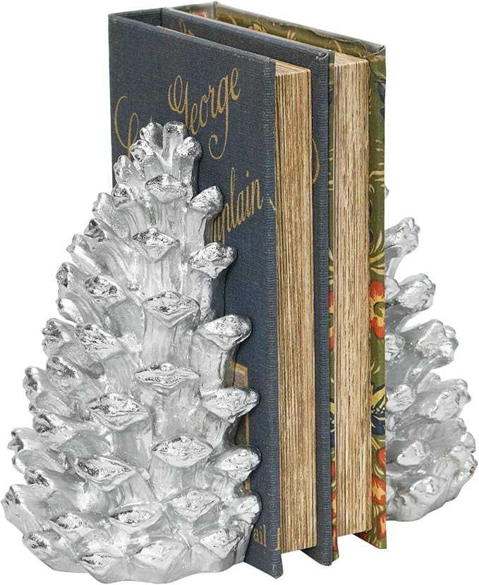 Creative Co-Op Decorative Resin Pinecone Bookends, Silver Finish, Set of 2