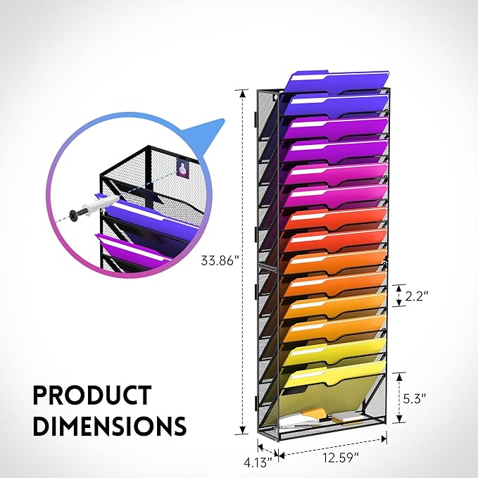 15-Tier Wall File Organizer, Hanging Wall File Holder for Papers, Folders, Magazines, Mesh Mail Holder Magazine Rack for Office Home Classroom, Black