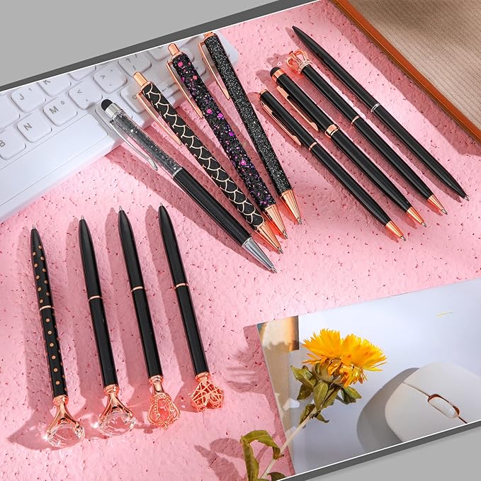 12 Pcs Diamond Pens Metal Liquid Sand Glitter Cute Ballpoint Pen Set Girly Crystal Pen Women Ballpoint Pen Black Ink Ball Point Pen Gift for Women Office Supplies School Wedding Party Desk (Black)