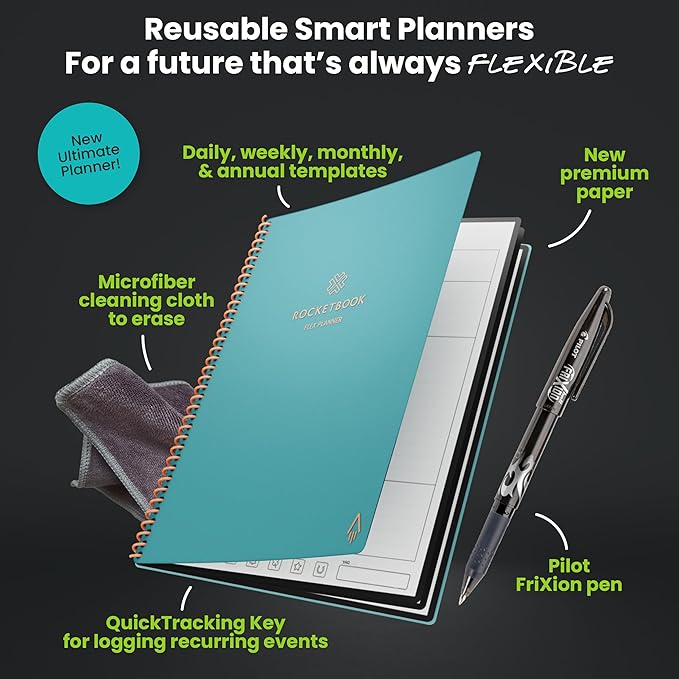 Rocketbook Flex Reusable Planner, Smart Undated, Daily, Weekly, Monthly, Annual Calendar Templates, Letter Size 8.5x11, Teal (Pack of 1)