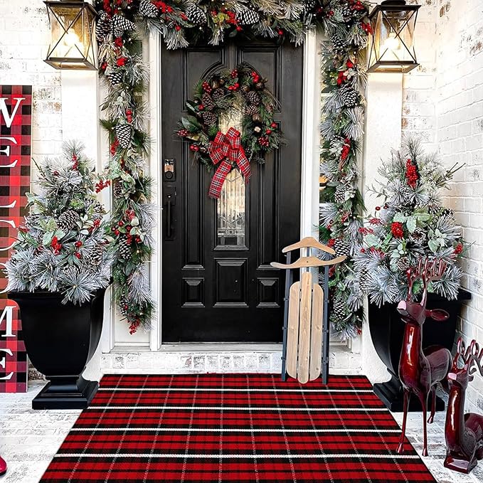 Buffalo Plaid Outdoor Rug Christmas Door Mat Christmas Decor Welcome Rug Cotton Hand-Woven Layered Door Mats for Front Porch, Kitchen, Farmhouse, Entryway (27.5"x43", Red/Black/White)