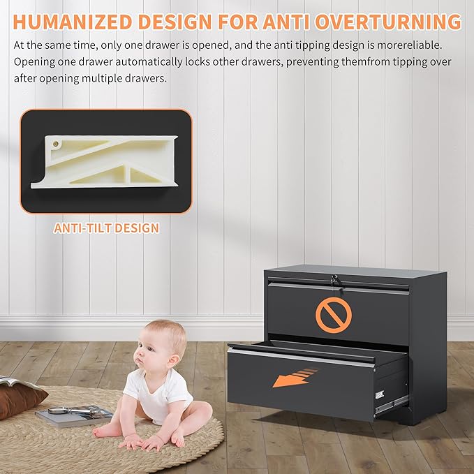 KEIKI 2 Drawer Lateral File Cabinet with Lock, Metal Filing Cabinet, Wide Storage for Letter/Legal/A4/F4, Anti-Tilt Safety, Quiet Full-Extension Slides for Home Office, Black