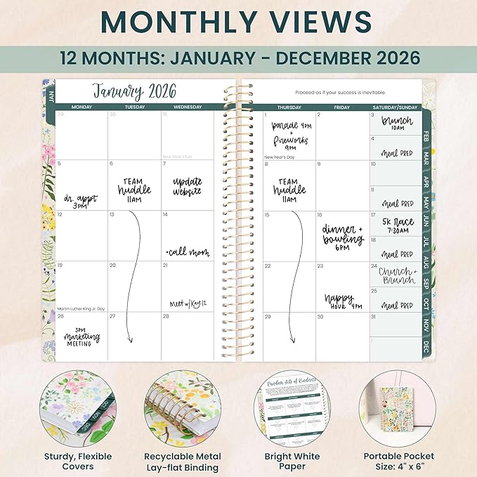 bloom daily planners 2026 Pocket Planner - 4” x 6” - (January 2026 - December 2026) - MINI Weekly/Monthly Agenda Organizer & Calendar Book - Garden Party, Beige