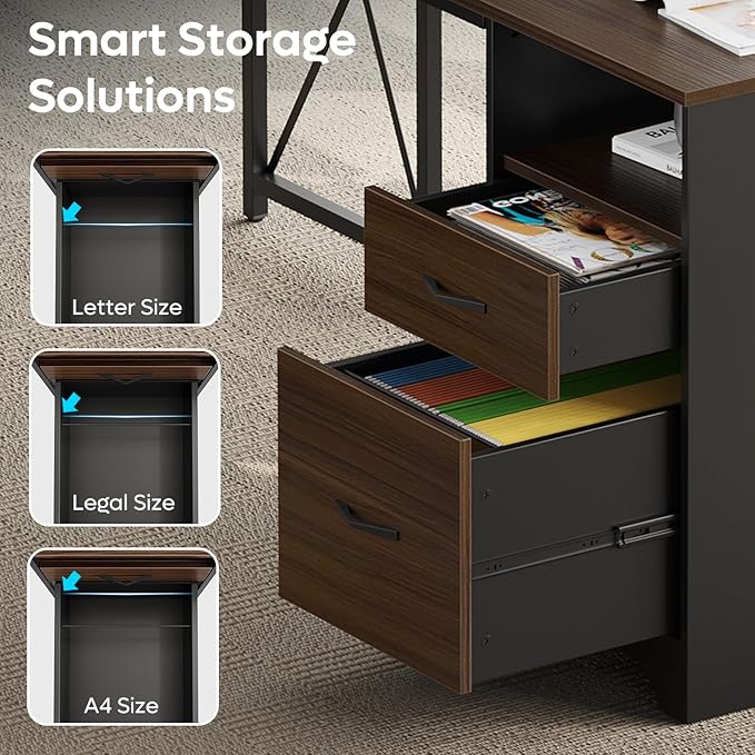 Bestier L Shaped Desk with 4 Drawers, 63" x 47" Executive Desk with Open Storage & Monitor Stand, Corner Desk with 2 File Drawers & Modesty Panel for Home Office, Cherry