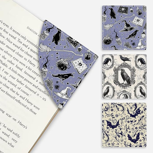 Gothic Crows Bats Corner Bookmarks, Cute Leather Book Accessories for Book Lovers, 3 Pcs Reading Book Page Markers for Women Men Student Teacher Girls Boys Kids Retirement Birthday Gifts