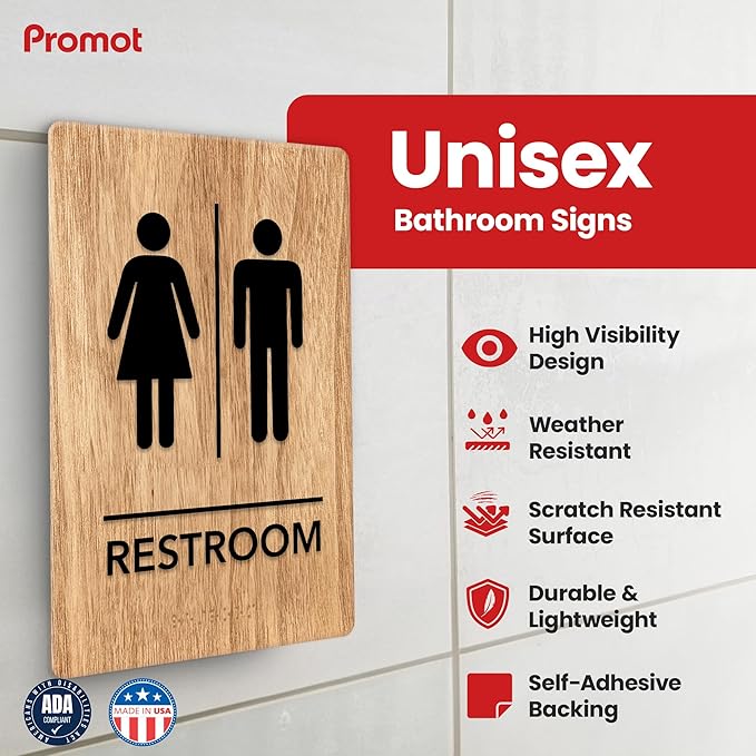Promot Unisex Bathroom Sign – ADA Braille Restroom Sign for Business, Self-Adhesive, 9" x 6", Commercial Door Signage, Office Wall Decor - Oak