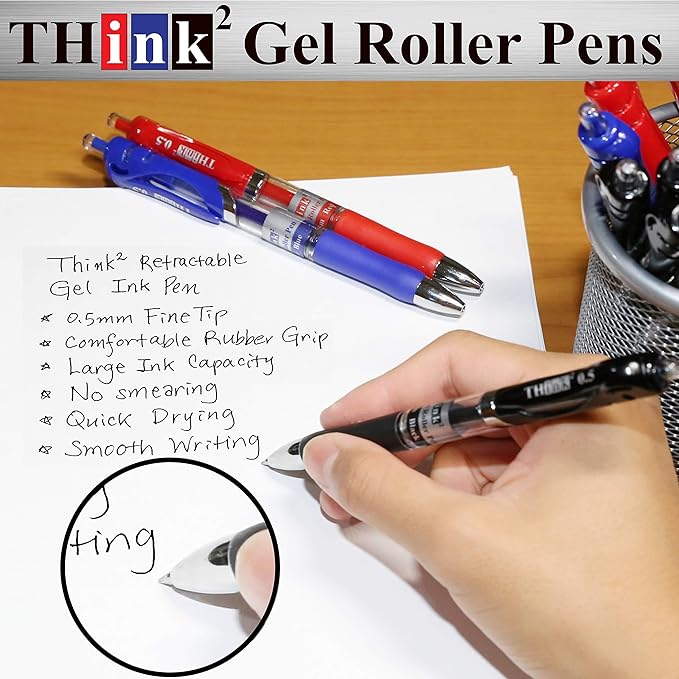 THINK2MASTER [24 Pens - 3 Colors] Think2 Retractable Gel Pens. (18 Black, 3 Red, 3 Blue) Fine Point (0.5mm) Rollerball Pens with Comfort Grip.