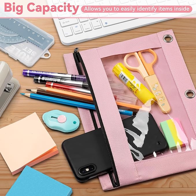 V-Opitos Pencil Pouch for 3 Ring Binder, 2 Pack Pink 3-Holes Zipper Pencil Pouches, Sturdy and Durable Cloth Pencil Case with Clear Window for Office School College Supplies