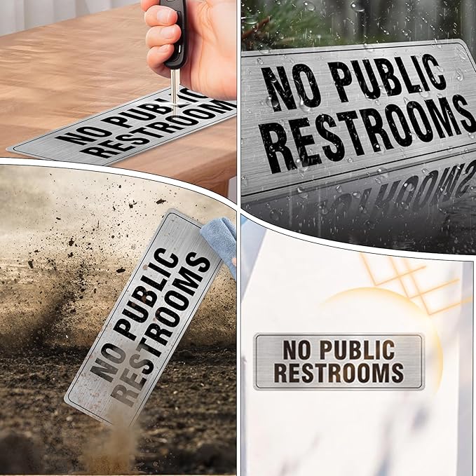 No Public Restrooms Sign Aluminum Silver 9 x 3 Inches Self-Adhesive Waterproof Metal Door Wall Sign for Business Offices 4 Pack